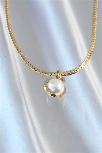 Mey İthalat® 316L Çelik Gold Renk Yassı Zincir İnci Taşlı Kolye