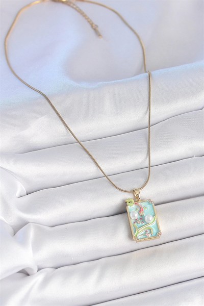 Mey İthalat® 316L Çelik Gold Renk Zincir Mavi Mineli İncili Çiçek İşlemeli Portre Model Kadın Kolye