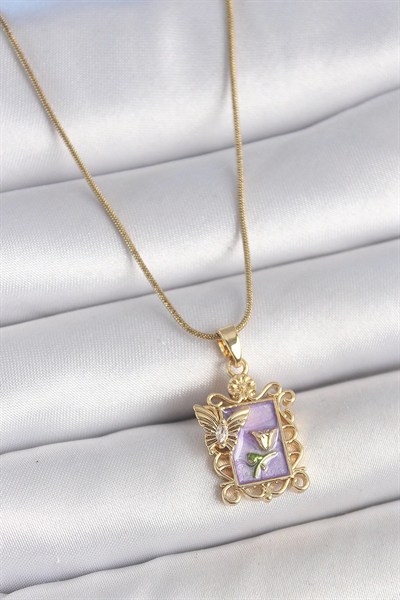 Mey İthalat® 316L Çelik Gold Renk Zincir Mor Mineli Çiçek İşlemeli Zirkon Taşlı Kelebek Detay Portre Model Kadın Kolye