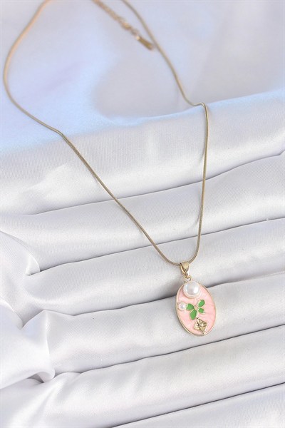 Mey İthalat® 316L Çelik Gold Renk Zincir Pembe Mineli Oval İncili Çiçek İşlemeli Portre Model Kadın Kolye