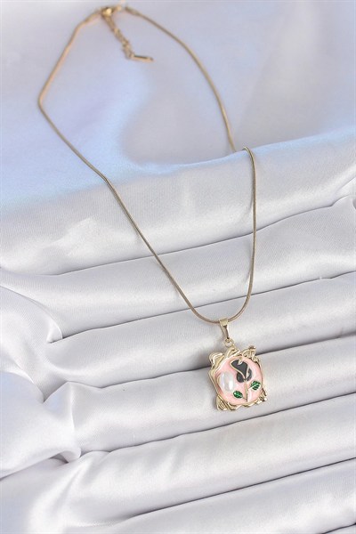 Mey İthalat® 316L Çelik Gold Renk Zincir Pembe Mineli Çiçek İşlemli İnci Detay Portre Model Kadın Kolye