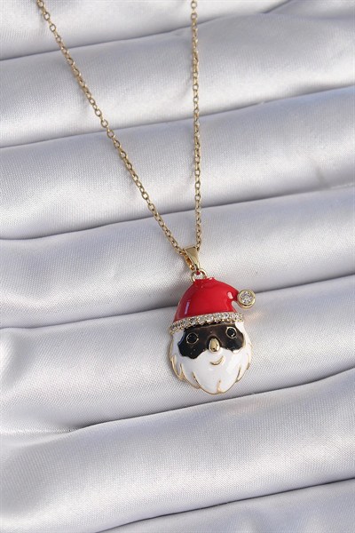 Mey İthalat® 316L Çelik Gold Renk Zincir Zirkon Taşlı Yılbaşı Temalı Noel Baba Figür Kadın Kolye