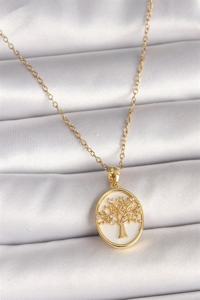 Mey İthalat® 316L Çelik Gold Renk Zincir Zirkon Taş Detaylı Beyaz Mineli Ağaç İşlemeli Portre Model Kadın Kolye