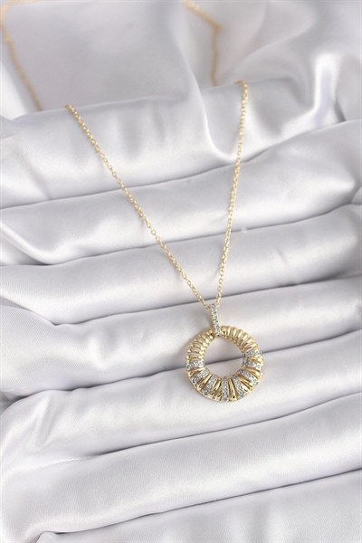 Mey İthalat® 316L Çelik Gold Renk Zincir Gümüş Zirkon Taşlı Daire Model Kadın Kolye