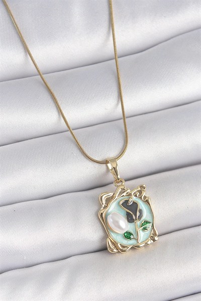 Mey İthalat® 316L Çelik Gold Renk Zincir Mavi Mineli Çiçek İşlemeli İnci Detay Portre Model Kadın Kolye