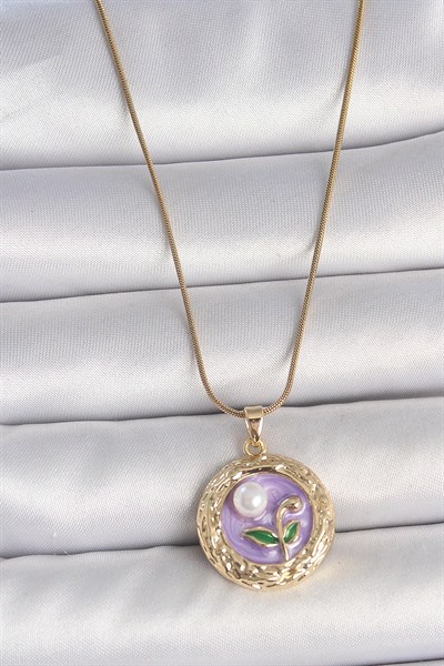 Mey İthalat® 316L Çelik Gold Renk Zincir Mor Çiçek İşlemeli İnci Detay Potre Model Kadın Kolye