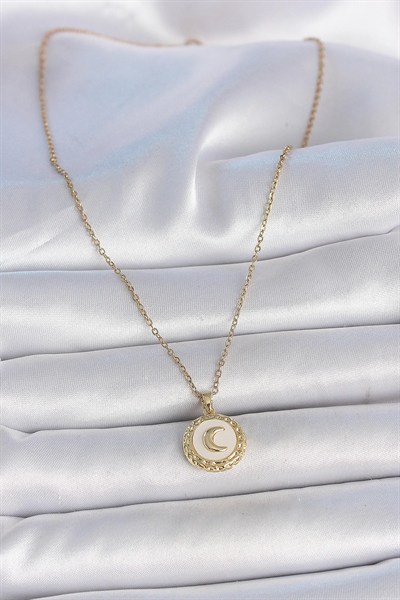 Mey İthalat® 316L Çelik Gold Renk Zincir Beyaz Mineli Hilal İşlemeli Madalyon Model Kadın Kolye