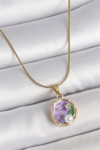 Mey İthalat® 316L Çelik Gold Renk Zincir Mor Çiçek İşlemeli Zirkon Taş İnci Detaylı Minimal Portre Model Kadın Kolye