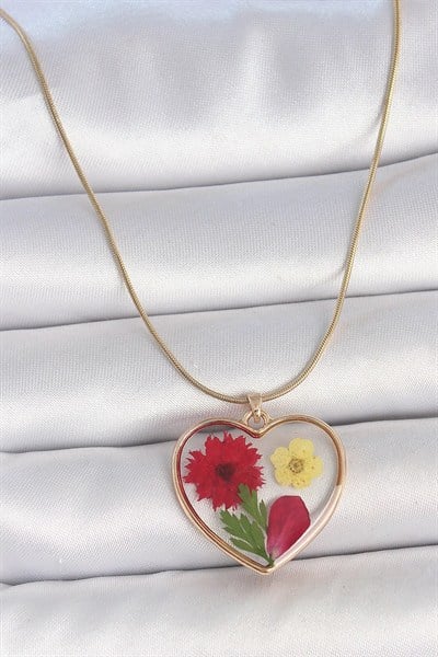 Mey İthalat® 316L Çelik Gold Renk Zincir Epokis Kalp Doğal Çiçek Model Kadın Kolye