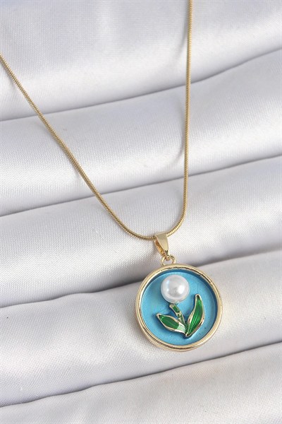 Mey İthalat® 316L Çelik Gold Renk Zincir Mavi Mineli İncili Çiçek İşlemeli Portre Model Kadın Kolye