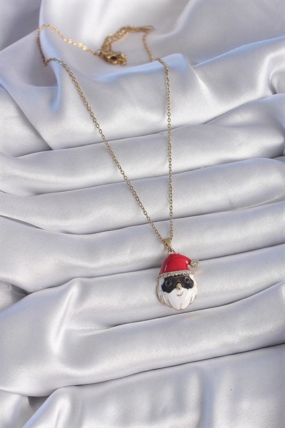 Mey İthalat® 316L Çelik Gold Renk Zincir Zirkon Taşlı Yılbaşı Temalı Noel Baba Figür Kadın Kolye