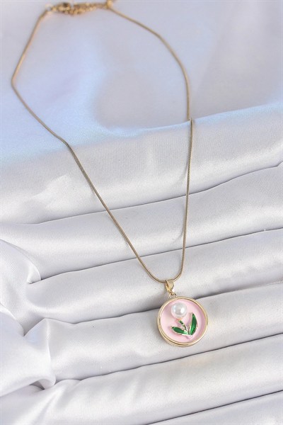 Mey İthalat® 316L Çelik Gold Renk Zincir Pembe Mineli İncili Çiçek İşlemeli Portre Model Kadın Kolye