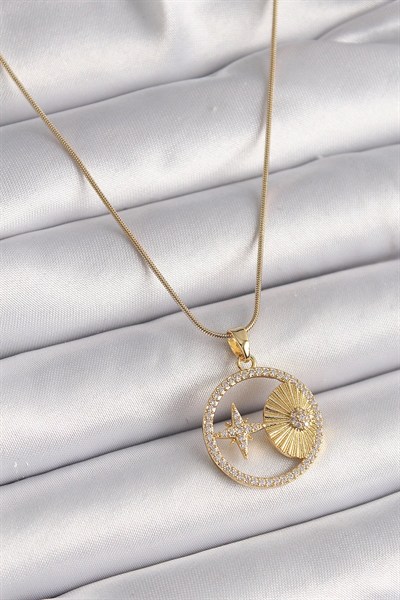 Mey İthalat® 316L Çelik Gold Renk Zincir Zirkon Taşlı Yıldız İşleme Madalyon Model Kadın Kolye