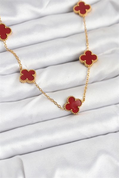 Mey İthalat® 316L Çelik Gold Renk Zincir Bordo Yonca Kadın Kolye