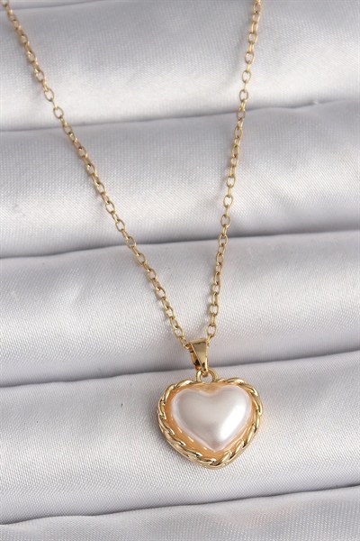 Mey İthalat® 316L Çelik Gold Renk Zincir 3D İnci Kalp Model Kadın Kolye