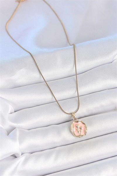 Mey İthalat® 316L Çelik Gold Renk Zincir Pembe Mineli Çiçek İşlemeli Portre Model Kadın Kolye