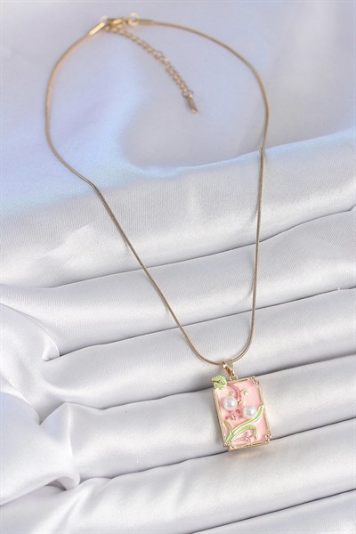 Mey İthalat® 316L Çelik Gold Renk Zincir Pembe Mineli İncli Çiçek İşlemeli Portre Model Kadın Kolye