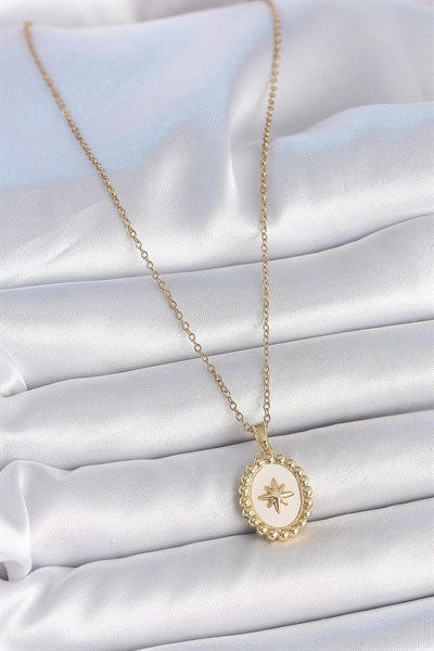 Mey İthalat® 316L Çelik Gold Renk Zincir Beyaz Mineli Kutup Yıldız İşlemeli Madalyon Model Kadın Kolye