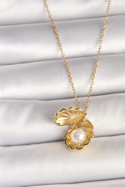 Mey İthalat® 316L Çelik Gold Renk Zincir Açılır İncili Midye Model Kadın Kolye