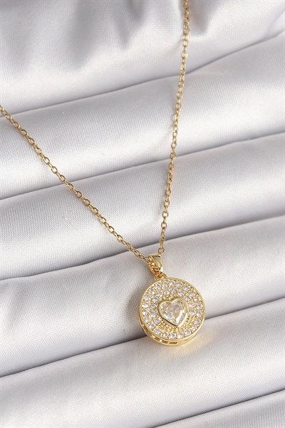 Mey İthalat® 316L Çelik Gold Renk Zincir Madalyon Zirkon Taşlı Kalp Model Kadın Kolye