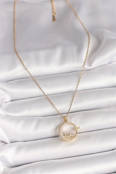 Mey İthalat® 316L Çelik Gold Renk Zincir Zirkon Taşlı Ay Yıldız Model Sonsuzluk Detay Kadın Kolye