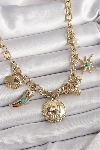 Mey İthalat® 316L Çelik Gold Renk Zincir Sallantılı Çoklu Figür Model Kadın Kolye