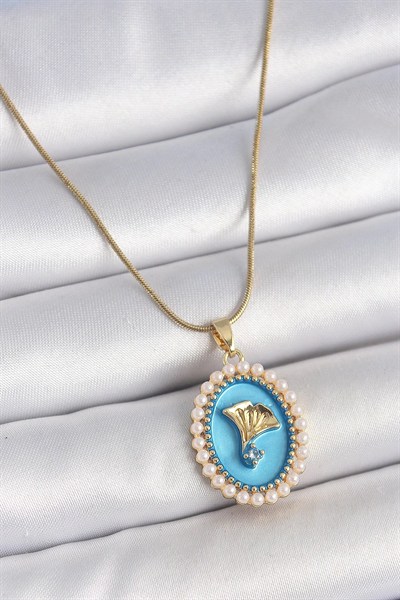 Mey İthalat® 316L Çelik Gold Renk Zincir Mavi Mineli İncili Zirkon Taşlı Çiçek İşlemeli Portre Model Kadın Kolye