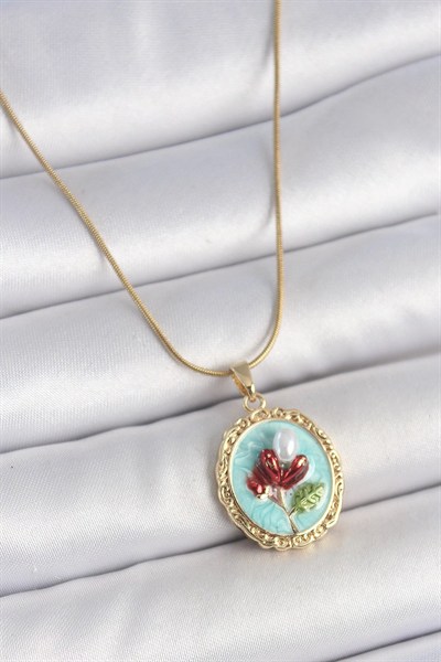 Mey İthalat® 316L Çelik Gold Renk Zincir Turkuaz Mineli İncili Çiçek İşlemeli Portre Model Kadın Kolye