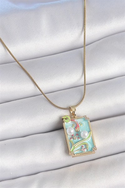 Mey İthalat® 316L Çelik Gold Renk Zincir Mavi Mineli İncili Çiçek İşlemeli Portre Model Kadın Kolye