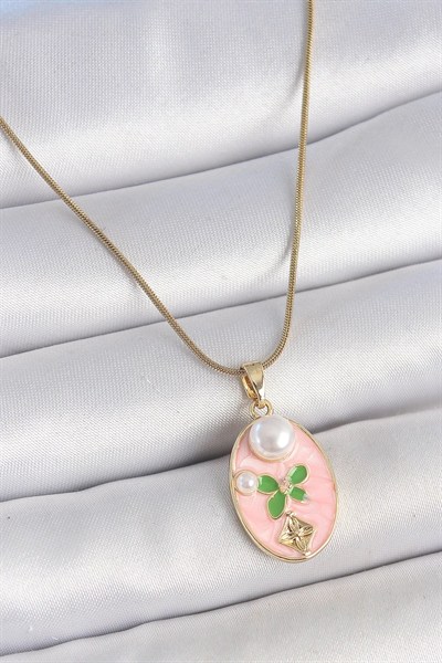 Mey İthalat® 316L Çelik Gold Renk Zincir Pembe Mineli Oval İncili Çiçek İşlemeli Portre Model Kadın Kolye