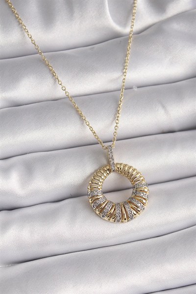 Mey İthalat® 316L Çelik Gold Renk Zincir Gümüş Zirkon Taşlı Daire Model Kadın Kolye
