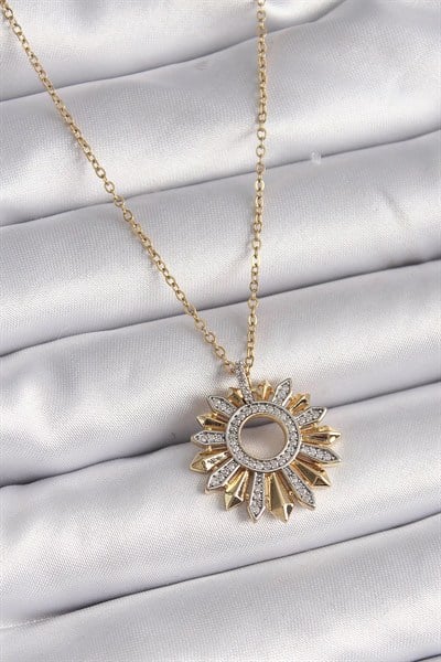 Mey İthalat® 316L Çelik Gold Renk Zincir Zirkon Taşlı Mix Renk Güneş Model Kadın Kolye