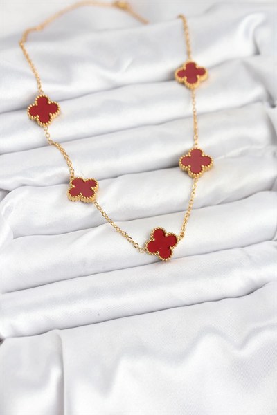 Mey İthalat® 316L Çelik Gold Renk Zincir Bordo Yonca Kadın Kolye