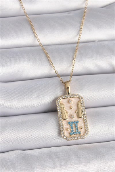 Mey İthalat® 316L Çelik Gold Renk Zincir İkizler Burcu Zirkon Taşlı Kadın Kolye