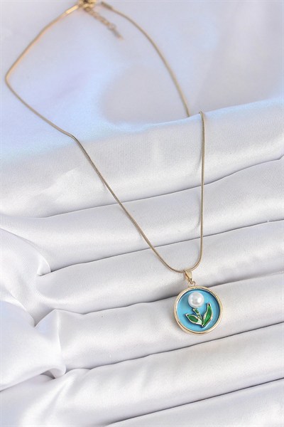 Mey İthalat® 316L Çelik Gold Renk Zincir Mavi Mineli İncili Çiçek İşlemeli Portre Model Kadın Kolye