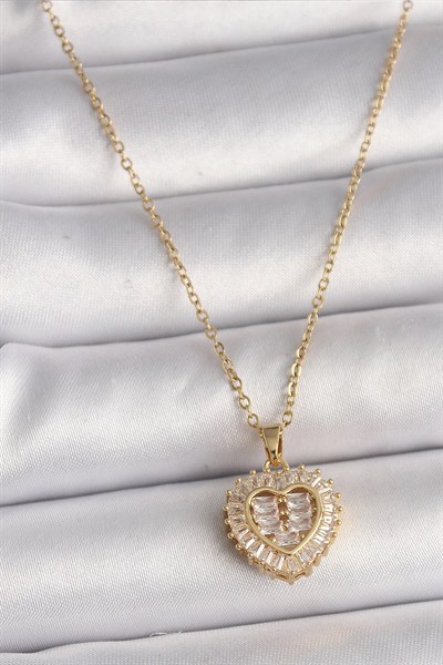 Mey İthalat® 316L Çelik Gold Renk Zincir Zirkon Taşlı Kalp Model Kadın Kolye