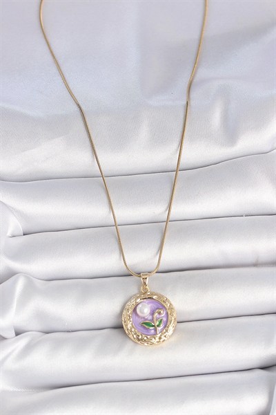 Mey İthalat® 316L Çelik Gold Renk Zincir Mor Çiçek İşlemeli İnci Detay Potre Model Kadın Kolye