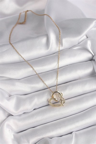 Mey İthalat® 316L Çelik Gold Renk Zincir Zirkon Taş Detaylı Kalp Model Sonsuzluk Detay Kadın Kolye