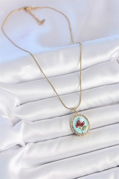 Mey İthalat® 316L Çelik Gold Renk Zincir Turkuaz Mineli İncili Çiçek İşlemeli Portre Model Kadın Kolye