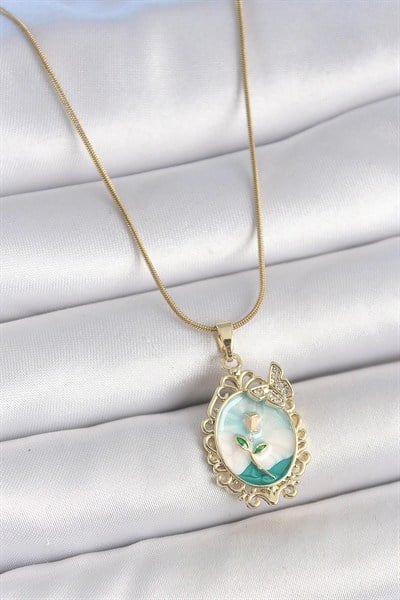 Mey İthalat® 316L Çelik Gold Renk Zincir Mavi Mineli Çiçek İşlemeli Zirkon Taş Detaylı Portre Model Kadın Kolye