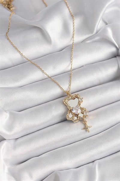 Mey İthalat® 316L Çelik Gold Renk Zincir Ayna Ayıcık Model Zirkon Taşlı Kalp Model Kadın Kolye