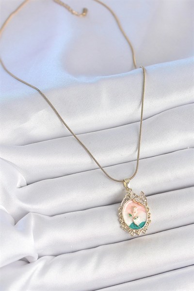 Mey İthalat® 316L Çelik Gold Renk Zincir Mix Renk Çiçek İşlemeli Zirkon Taş Detaylı Portre Model Kadın Kolye