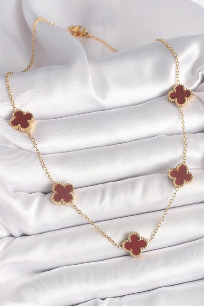 Mey İthalat® 316L Çelik Gold Renk Zincir Bordo Yonca Model Kadın Kolye