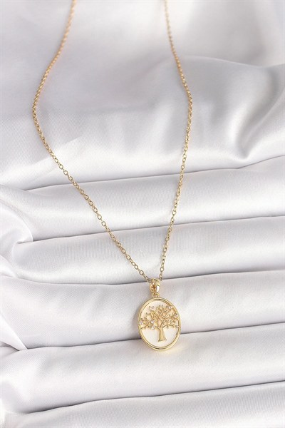 Mey İthalat® 316L Çelik Gold Renk Zincir Zirkon Taş Detaylı Beyaz Mineli Ağaç İşlemeli Portre Model Kadın Kolye
