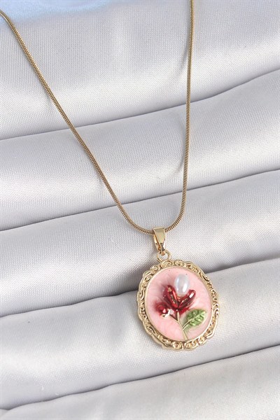 Mey İthalat® 316L Çelik Gold Renk Zincir Pembe Mineli İncili Çiçek İşlemeli Portre Model Kadın Kolye