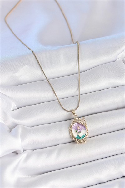 Mey İthalat® 316L Çelik Gold Renk Zincir Mix Renk Mineli Çiçek İşlemeli Zirkon Taş Detaylı Portre Model Kadın Kolye