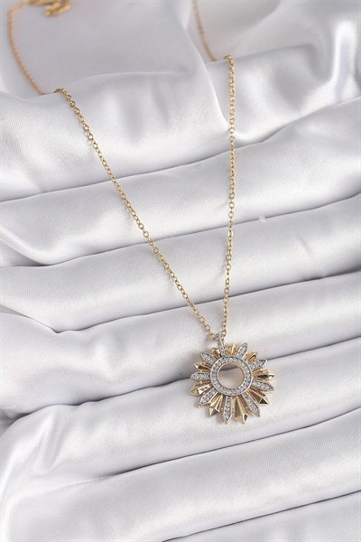 Mey İthalat® 316L Çelik Gold Renk Zincir Zirkon Taşlı Mix Renk Güneş Model Kadın Kolye