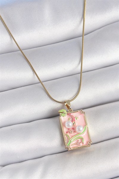 Mey İthalat® 316L Çelik Gold Renk Zincir Pembe Mineli İncli Çiçek İşlemeli Portre Model Kadın Kolye