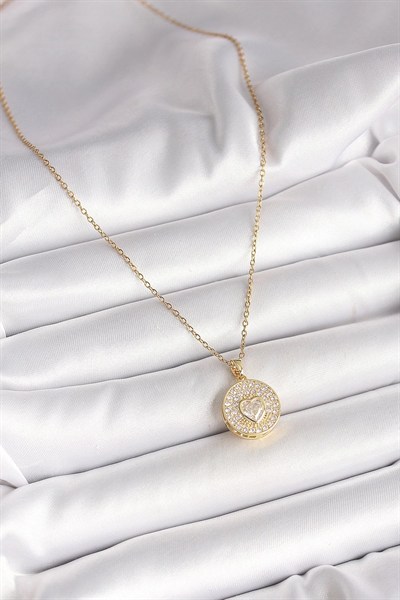 Mey İthalat® 316L Çelik Gold Renk Zincir Madalyon Zirkon Taşlı Kalp Model Kadın Kolye