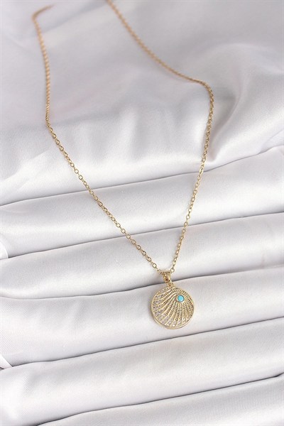 Mey İthalat® 316L Çelik Gold Renk Zincir Zirkon Taş İşlemeli Mavi Taş Detaylı Madalyon Model Kadın Kolye